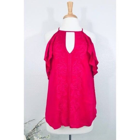 Parker‎ Top Embroidered Cold Shoulder High-neck Flutter Blouse, M - Picture 4 of 14